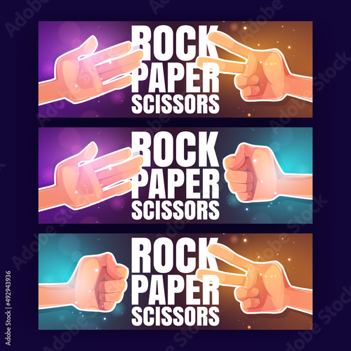 Rock, paper, scissors cartoon banners with human hands playing game showing fingers gestures. Friends challenge, competition, decision and strategy for win, people playing fun, Vector illustration