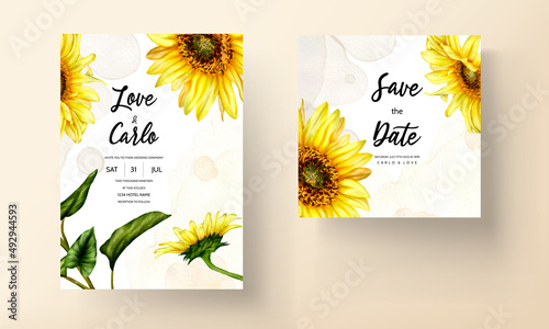 watercolor sun flower floral invitation card set template