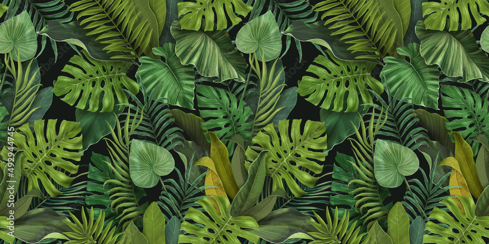 Green seamless tropical wallpaper. Pattern with tropical leaves of monstera, palm, banana. Dark plant background. Great for fabric, wallpaper, paper design - obrazy, fototapety, plakaty 