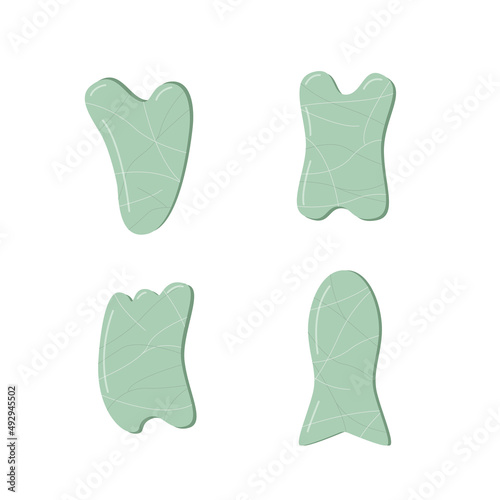 A set of trendy gua sha scrapers made of natural stone, massager for facial care. Vector illustration skin care concept.