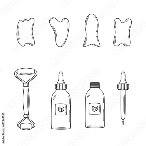 A set of trendy gua sha scrapers made of natural stone and cosmetic oil, roller massager for facial care. Vector illustration skin care concept.