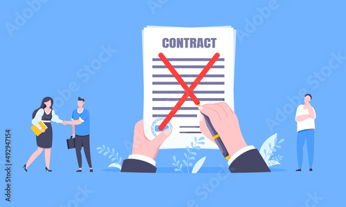 Contract cancellation business concept. Terminated tearing contract paper sheet breach flat style design vector illustration. Business people running toward giant hands with tearing contract papers.