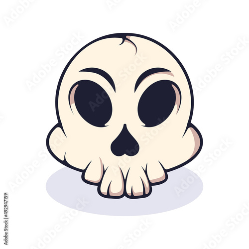 Vector illustration of cute cartoon skeleton with big oval eyes and teeth and nose in form of heart. High quality picture suitable for web design, mobile gaming, books, advertisements