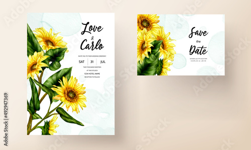 watercolor sun flower floral invitation card set template