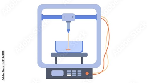 Bioprinter printing stomach 2D animation on white background. Medical 3D printing. Robotic machine printing human organ. Creating internal organs for transplantation. Innovation implantation