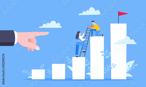 Business mentor helps to improve career and holding stairs steps vector illustration. Mentorship, upskills, climb help and self development strategy flat style design business concept.