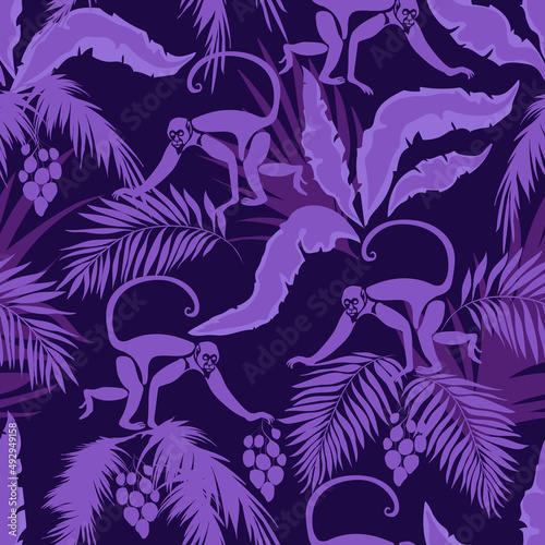 Tropic print with blue monkey. Seamless vector summer background with palm leaves. 