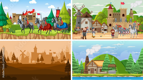 Set of different scene medieval with silhouette