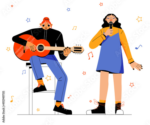 Girls band with singer and musician with guitar. Vector flat illustration of women play music and sing on concert, festival or talent show. Cute girls artists perform with microphone and instrument