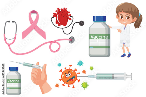 Set of medical objects and cartoon character