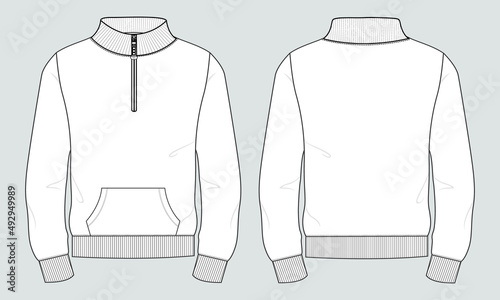 Long Sleeve with Stand Up Collar fleece jersey sweatshirt Jacket Technical Fashion flat sketch Vector illustration template Front and back views. Apparel Clothing design Mock up Cad.