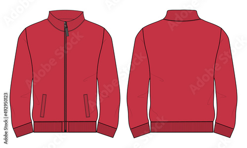 Long Sleeve with Stand Up Collar fleece jersey sweatshirt Jacket Technical Fashion flat sketch Vector illustration template Front and back views. Apparel Clothing design Red Color Mock up Cad.