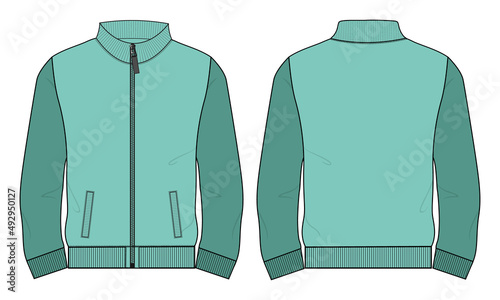 Two tone Long Sleeve with Stand Up Collar fleece jersey sweatshirt Jacket Technical Fashion flat sketch Vector illustration template Front and back views. Apparel Clothing design Mock up Cad.