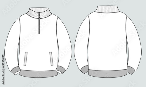 Long Sleeve with Stand Up Collar fleece jersey sweatshirt Jacket Technical Fashion flat sketch Vector illustration template Front and back views. Apparel Clothing design Mock up Cad.