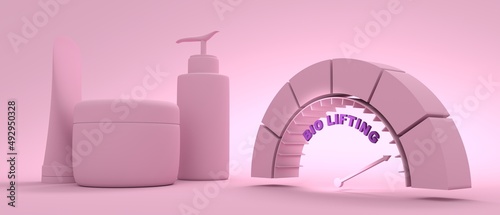 Abstract meter read level of bio lifting result. Set of containers for cosmetology products. 3D render