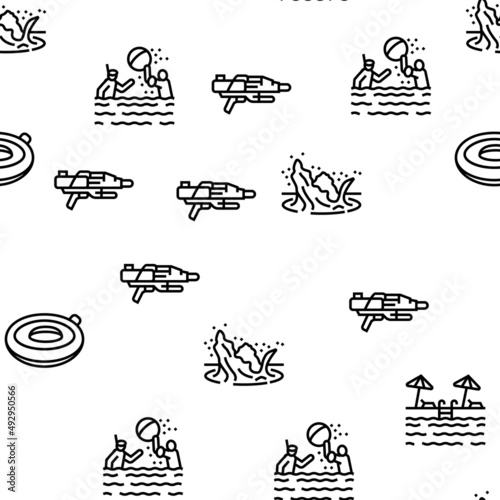 Water Park Attraction And Pool Vector Seamless Pattern Thin Line Illustration