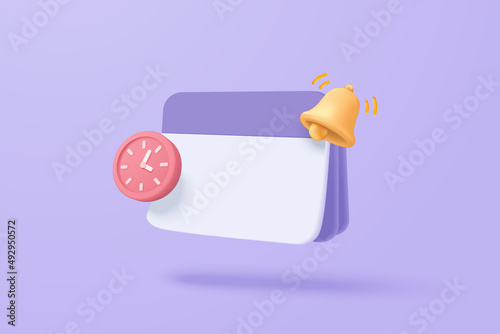 3D reminder in calendar on purple background. notifications page with floating elements. Alert for business planning ,events, reminder and timetable in background. 3d vector bell render on calendar photo