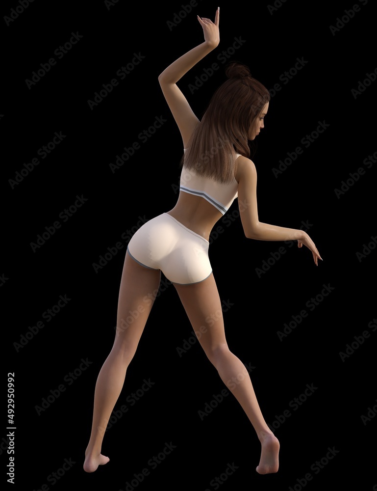 3D illustration of a beautiful woman with brown hair in a white bra and white skirt poses