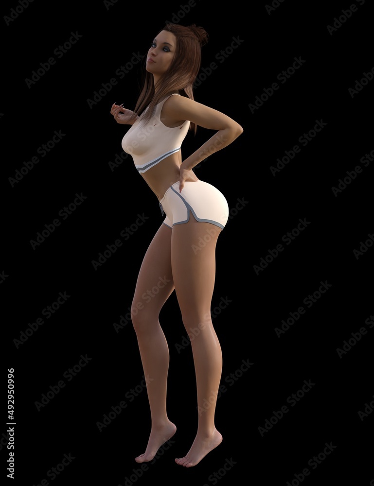 3D illustration of a beautiful woman with brown hair in a white bra and white skirt poses 3D illustration of a beautiful woman with brown hair in a white bra and white skirt poses