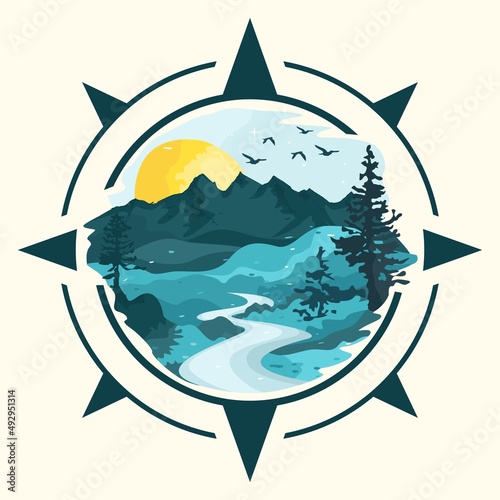Vector illustration of mountain and river scenery symbol