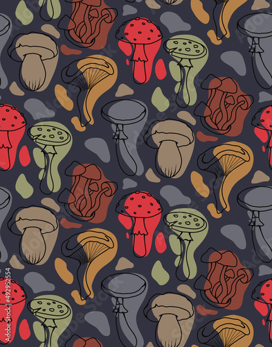 Vector seamless pattern with stylized sketches of poisonous mushrooms with color spots. Amanita and false mushrooms. Texture for wallpaper. Dark background with contour drawing of dangerous fungus