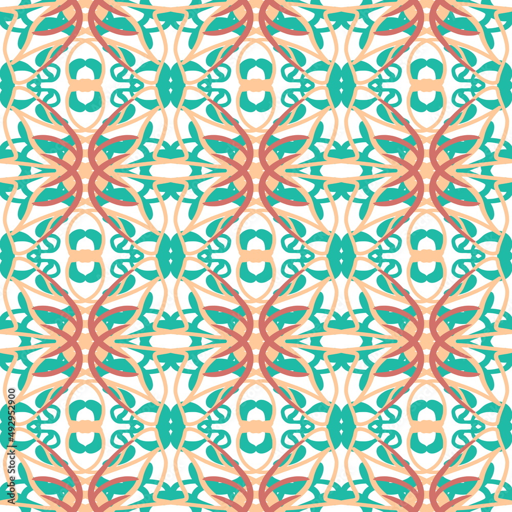 Abstract green and pink seamless pattern. Fashion textile background in damask east ornate style 
