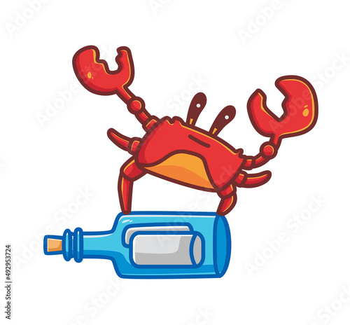 cute crab standing on bottle message. cartoon animal nature concept Isolated illustration. Flat Style suitable for Sticker Icon Design Premium Logo vector. Mascot Character