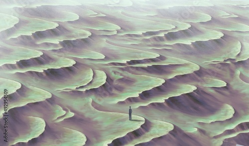 A Lonely man in surreal landscape. Conceptual art of lost loneliness alone depression sorrow and sadness. Painting 3d illustration, concept artwork. mystery scenery.