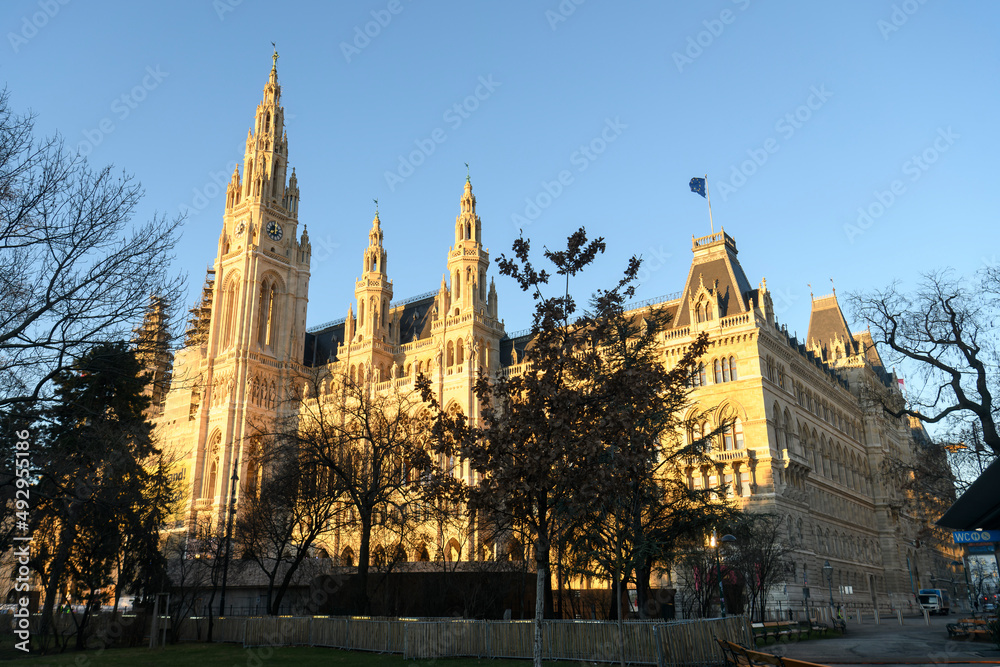 View to Gothic building of Vienna City Hall or Wiener Rathaus in Vienna, Austria. January 2022