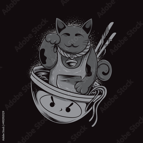 lucky cat with noodles black and white
