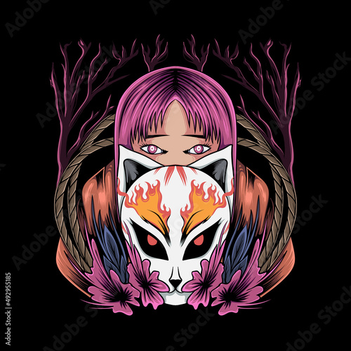 Untitled-1Illustration of beautiful Japanese geisha woman in kitsune mask and cherry blossoms for t-shirt design and print