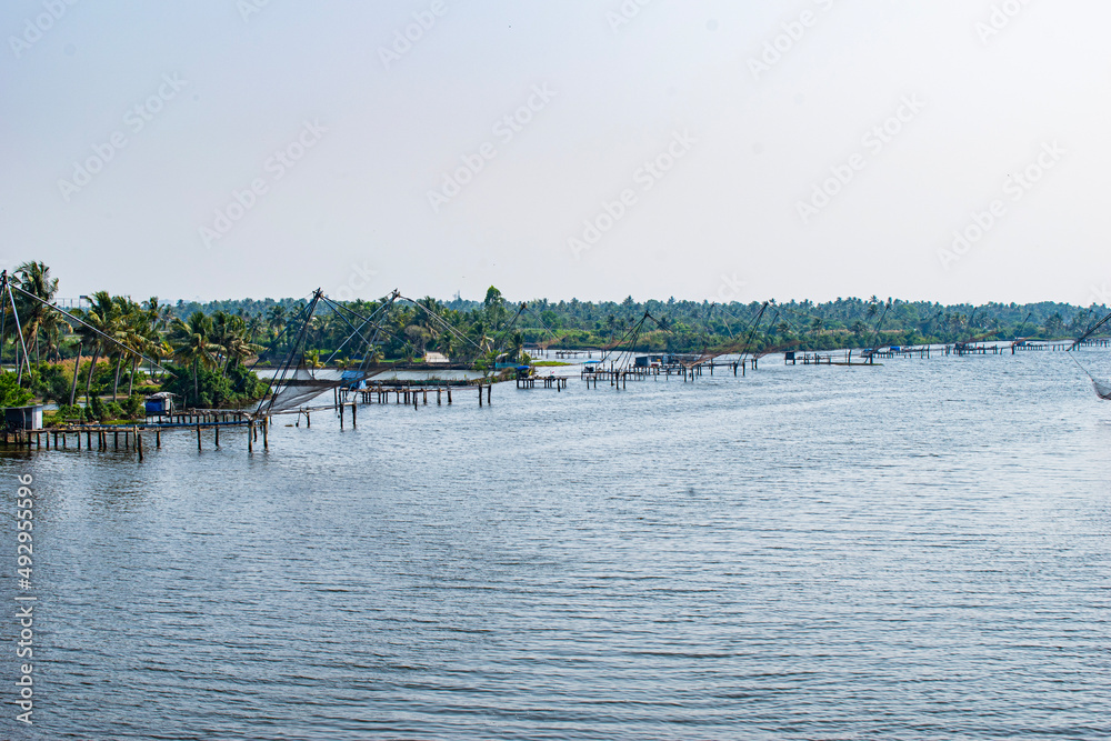 A panoramic view of Chinese Fishing Nets in Cochin, India