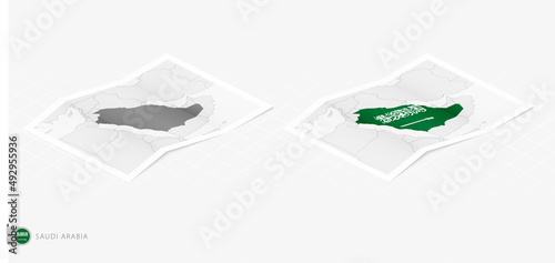 Set of two realistic map of Saudi Arabia with shadow. The flag and map of Saudi Arabia in isometric style.