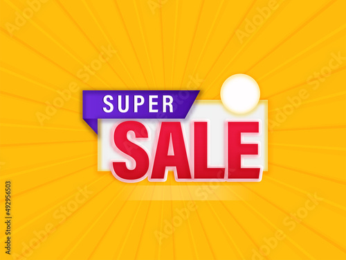 Super Sale Poster Design With Empty Label On Chrome Yellow Rays Background.