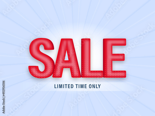3D Red Sale Font On Glossy Blue Rays Background For Advertising Poster Or Banner Design.