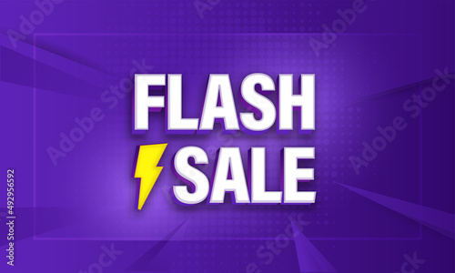 3D Flash Sale Text With Lightning Bolt On Purple Halftone Rays Background. Advertising Banner Design.