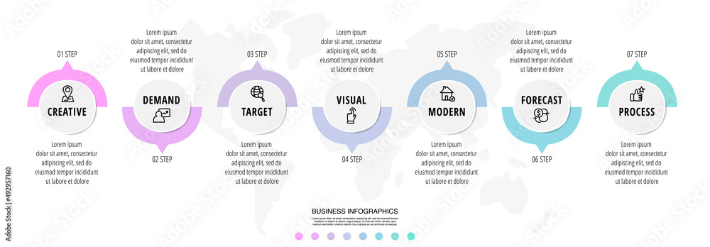 Modern and simple flat vector illustration. Infographic template with seven circles, elements, sectors and arrows. Designed for business, presentations, web design, interface 7 step diagrams Modern and simple flat vector illustration. Infographic template with seven circles, elements, sectors and arrows. Designed for business, presentations, web design, interface 7 step diagrams