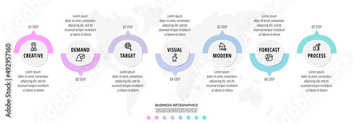 Modern and simple flat vector illustration. Infographic template with seven circles, elements, sectors and arrows. Designed for business, presentations, web design, interface 7 step diagrams