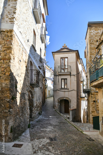 Fototapeta Naklejka Na Ścianę i Meble -  A narrow street among the old stone houses of Altavilla Silentina, town in Salerno province, Italy.	