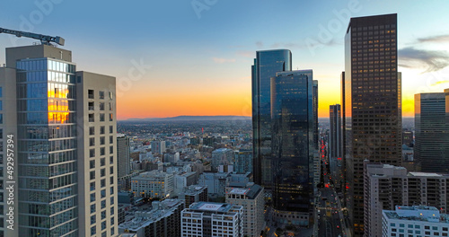City of Los Angeles, panoramic cityscape skyline scenic, aerial view at sunset. Los angeles buildings.