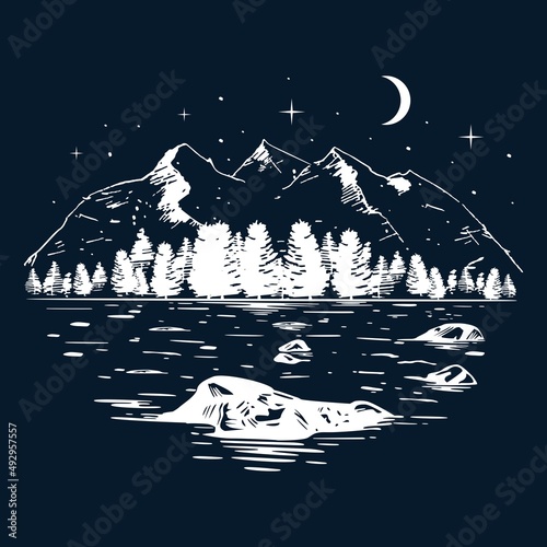 Vector illustration of mountain and lake landscape at night