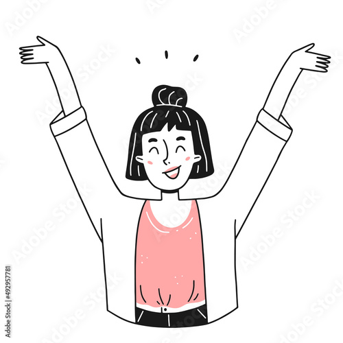 Portrait of a young girl is very happy and raises her hands up in a simple linear doodle style. Vector isolated illustration.