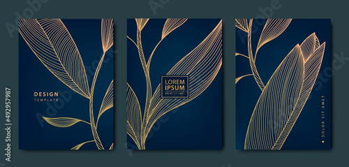 Vector japanese background with Gold texture. Luxury black wavy line pattern. Premium backdrop for business layout, texture for print, poster, book, cover. Leaves, plant, nature.