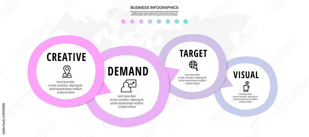 Vector modern infographics with four circles. Business concept graphic process template with 4 steps and arrows. Graphic timeline for a project on white background Vector modern infographics with four circles. Business concept graphic process template with 4 steps and arrows. Graphic timeline for a project on white background