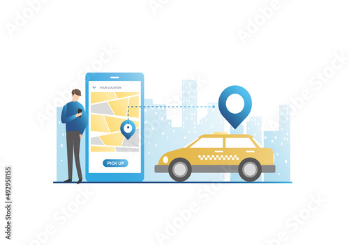 Vector guy calls yellow taxi in city to specified address in geolocation, on map, gps sensor in smartphone. Man in app, on website ordered car on Internet.