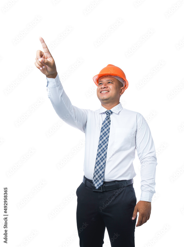 Young engineer or architect standing pointing up smiling happy isolated on white background with clipping path Young engineer or architect standing pointing up smiling happy isolated on white background with clipping path