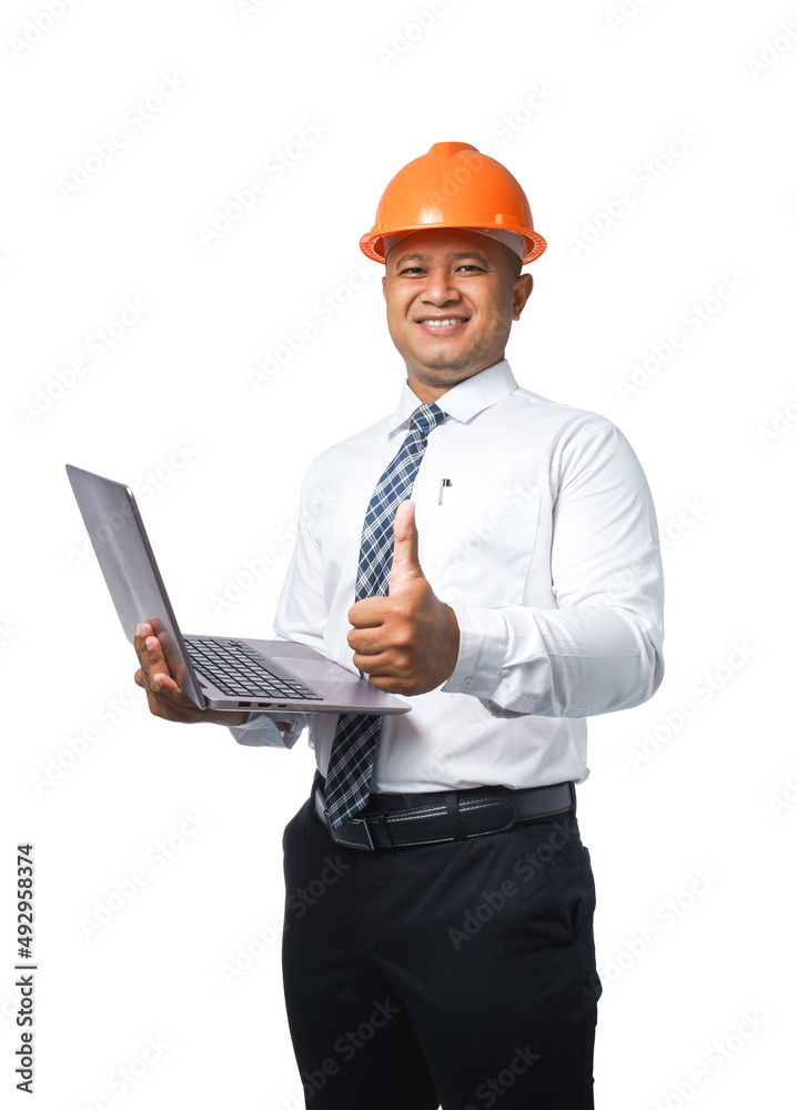 Young engineer or architect standing with clipboard and fist gesturing very happy and smiling happy isolated on white background with clipping path Young engineer or architect standing with clipboard and fist gesturing very happy and smiling happy isolated on white background with clipping path