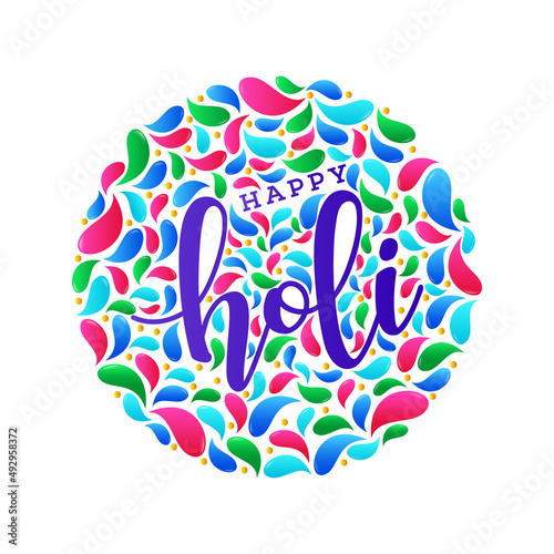 Happy Holi Font Rounded Colorful Arc Drops And Golden Dots Against White Background.