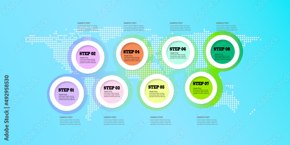 Business infographic with 8 element on dotted world map., vector illustration