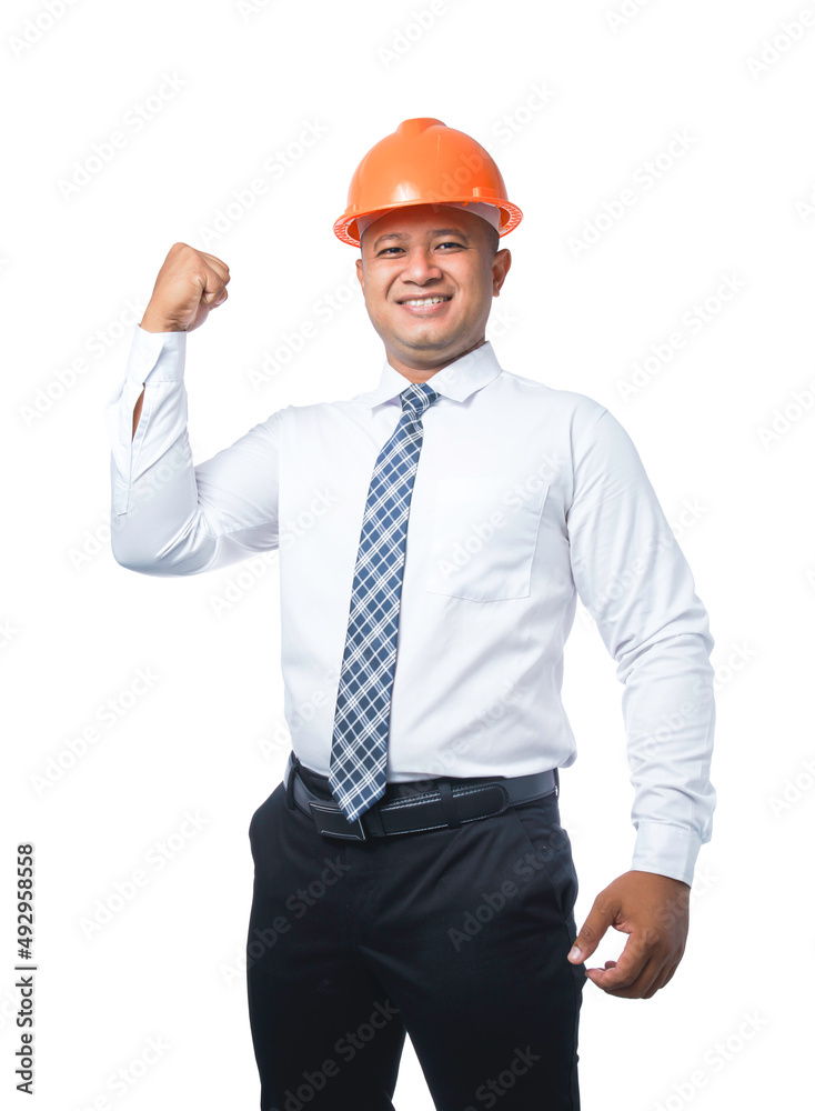 Young engineer or architect clenching his fists in a very happy gesture and smiling happy isolated on white background with clipping path Young engineer or architect clenching his fists in a very happy gesture and smiling happy isolated on white background with clipping path